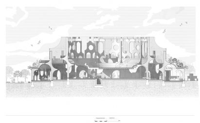 A grey drawing of Butterfly City Assembly Hall 