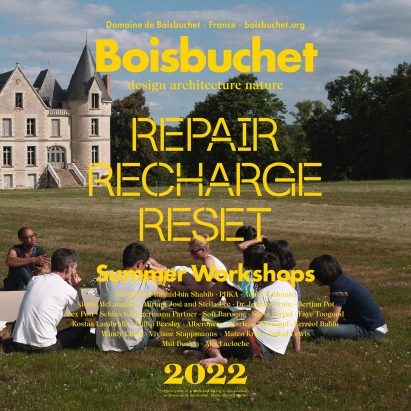 A photograph of people sat on the grass with a building in the background, overlayed with yellow text