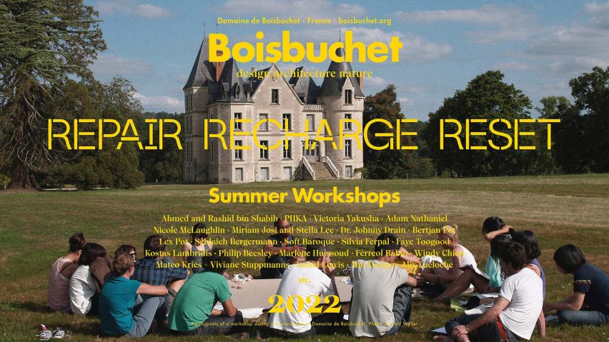 A photograph of people sat on the grass with a building in the background, overlayed with yellow text