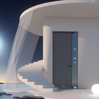 A photograph of Lualdi's Ether door in a space-like setting