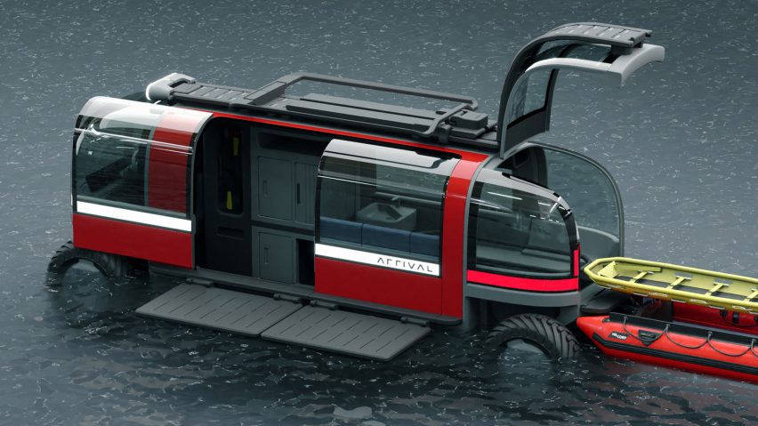 The Estuary Hopper bus partially submerged in water