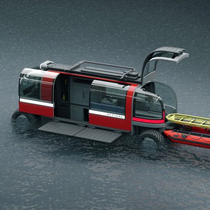The Estuary Hopper bus partially submerged in water