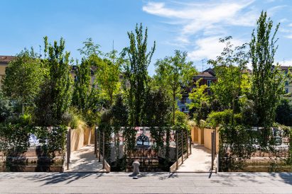Entrance to Floating Forest installation with Timberland logo