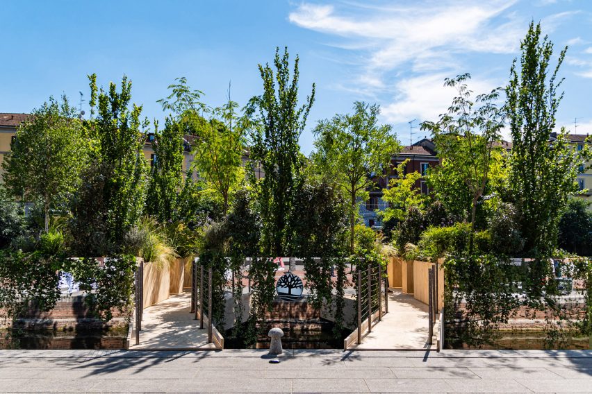 Entrance to Floating Forest installation with Timberland logo