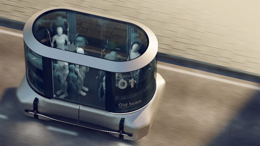 Top view of Flowee electric bus on the road with passengers inside