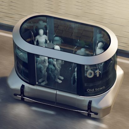 Top view of Flowee electric bus on the road with passengers inside