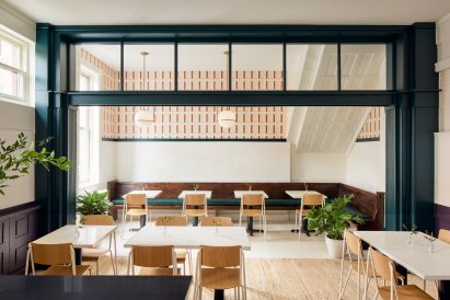 Tables in bright space at Nabila's lebanese restaurant in Brooklyn