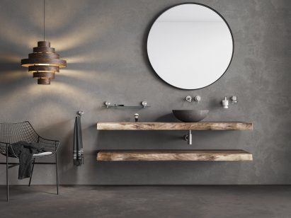 Geesa Opal glass shelf above a wooden floating shelf with a sink