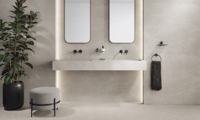 Geesa Opal towel ring in a white marble bathroom
