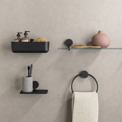 Geesa Opal shower basket, glass shelf, metal shelf and towel ring