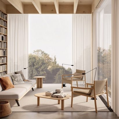 Arper furniture in a timber interior with a forest background