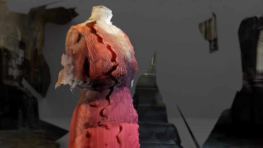 Red and purple garment on a mannequin