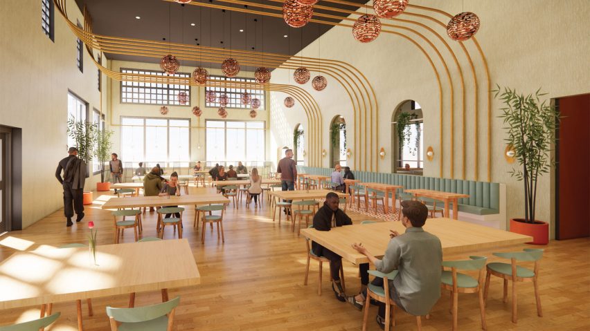 Public eatery with overhead curved timber framing by Izze Stadulis at Virginia Commonwealth University