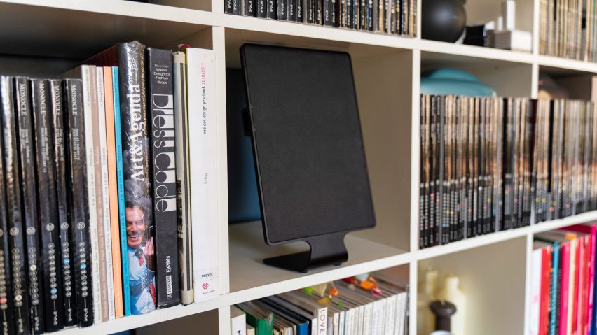 A speaker in a bookshelf