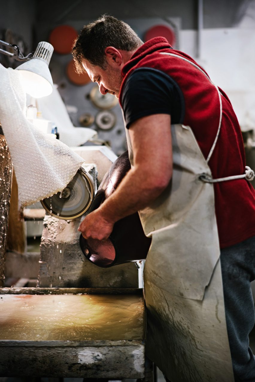 Gaea Pendant being carved in Murano glass