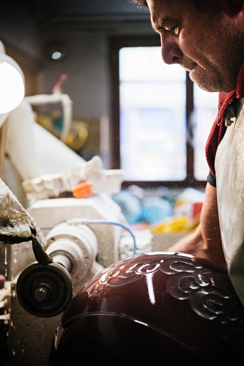 Gaea Pendant being carved in Murano glass