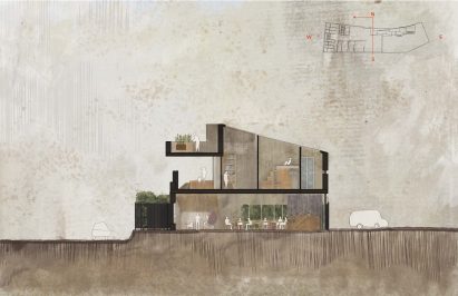 Rendered three-storey section drawing of an accommodation building