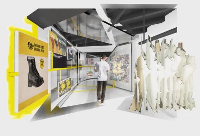 Collage render of a Dr Martens exhibition