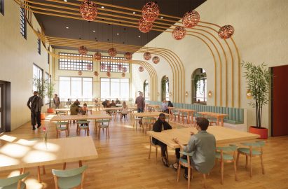 Public eatery with overhead curved timber framing by Izze Stadulis at Virginia Commonwealth University