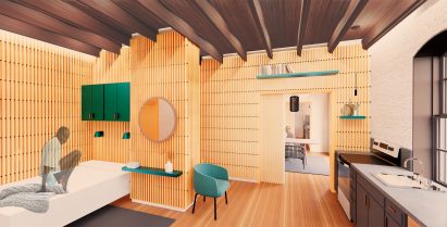 Interior render of a residential flat clad in timber battons