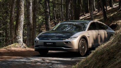 A car driving through the woods