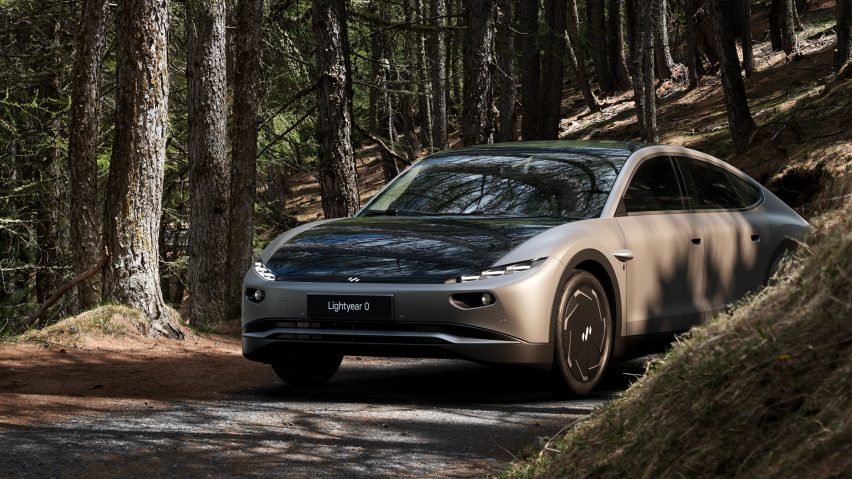 A car driving through the woods
