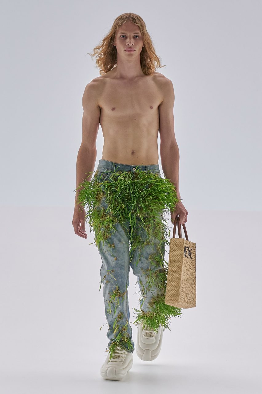 Loewe Spring Summer 2023 featured plants growing from shoes and screens fixed to coats