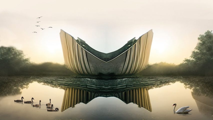 Render of a modern building on a lake