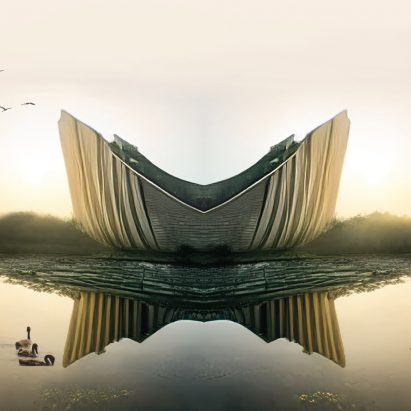Render of a modern building on a lake