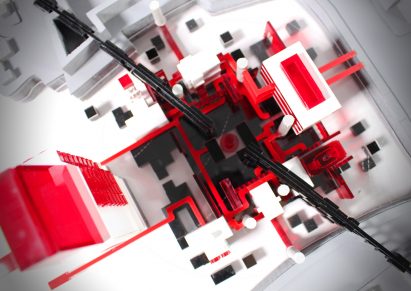 A red, white and black graphic design photograph