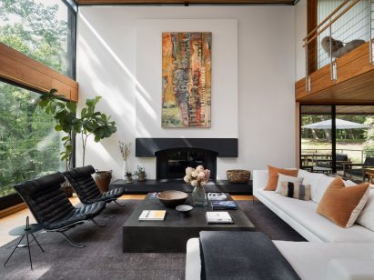Living room view facing fireplace