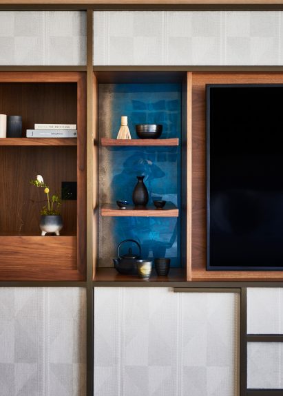 Detail of built-in storage in bedroom of Nobu Hotel Barcelona