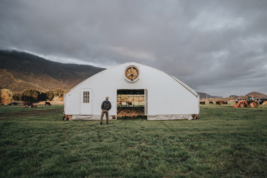Front view of Pasturebird's Automated Range Coop on a field