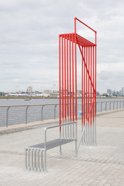 A Cautionary Bench/Mark bench at Royal Docks