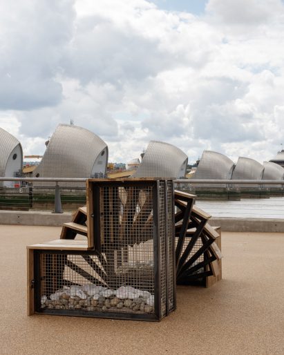 Twisting bench at Thames Barrier Park