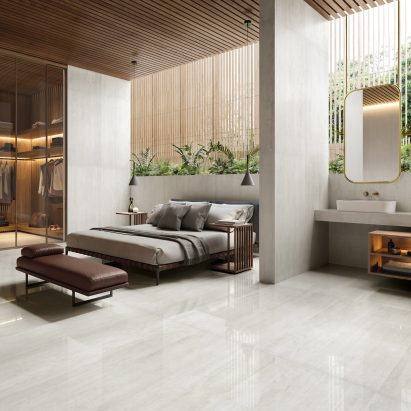 Bedroom clad in Prestigio Travertino tiles