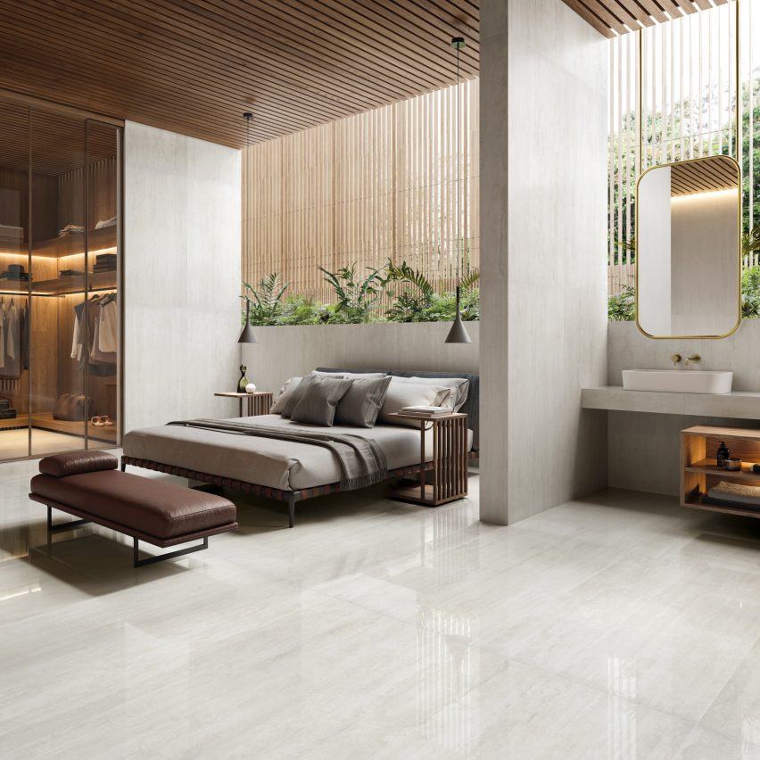 Bedroom clad in Prestigio Travertino tiles