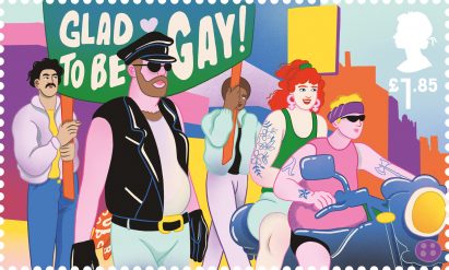 An illustration of a group of Pride protesters marchin