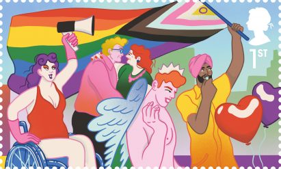 An illustration of people marching and holding the rainbow Pride flag