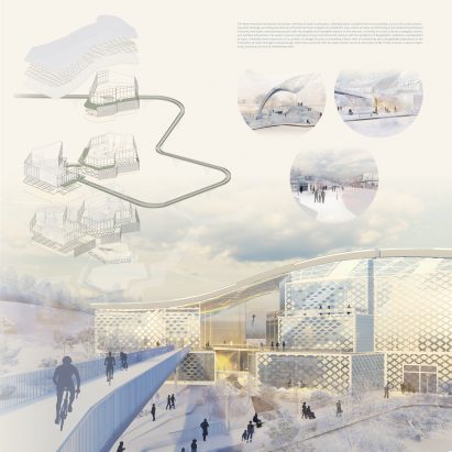 Render and drawings of a water museum
