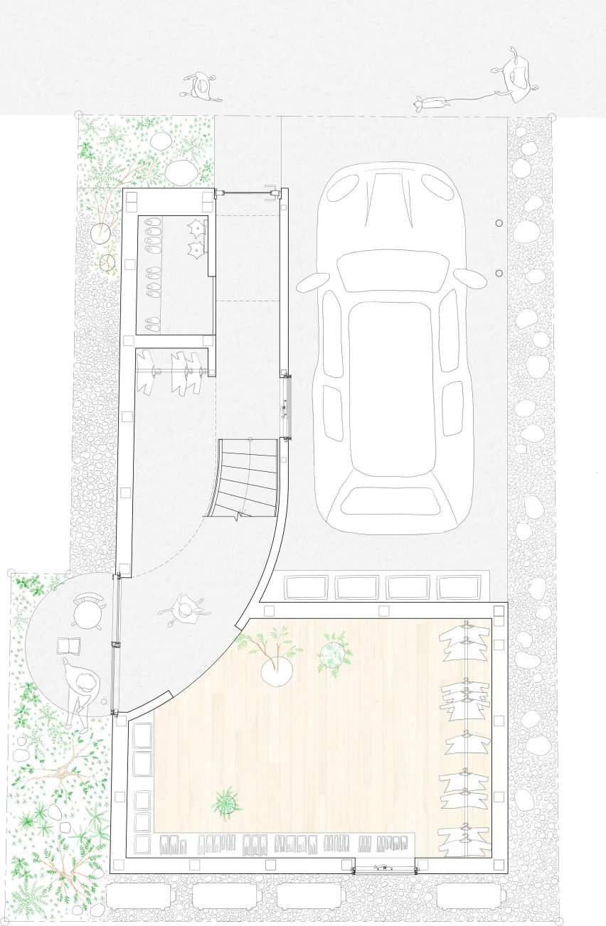 Ground floor plan of Scenery Scooping House by Not Architects Studio