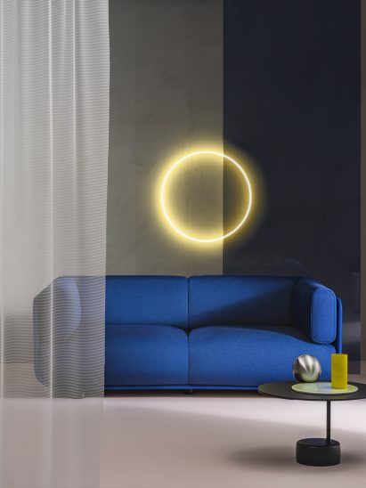 Blue Shaal sofa by Arper in a showroom space