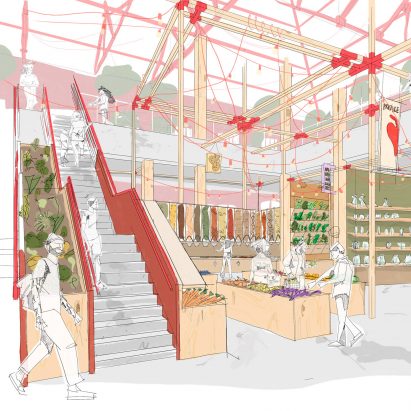 Hand drawing of interior project City Co-op by Madison C Donnelly at Virginia Commonwealth University