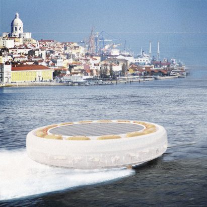 Autonomous solar-powered ferry moving across the Tagus river