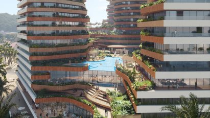 View of pool and base of towers