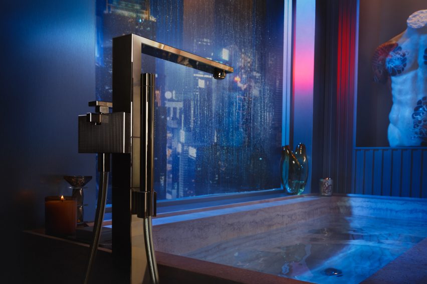 Axor Edge freestanding bathtub faucet in Tristan Auer's Blade Runner-inspired bathroom
