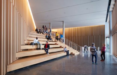 Bleacher-style stairs at office entrance