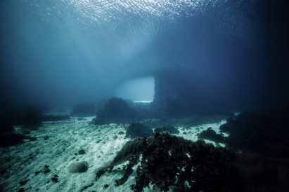 Underwater restaurant in Norway viewed from seabed