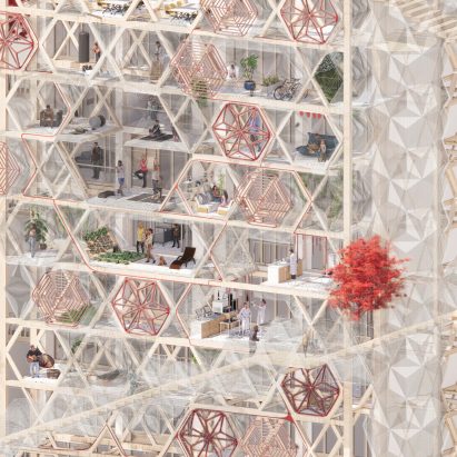An illustration image that uses red algae to power the building