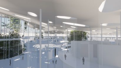 Render of a large white interior with skylights